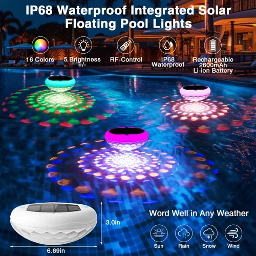 Vista 3 de QOLNBY Luces de Piscina, 2 en 1 Solar USB Recargables Luces Flotantes para Piscina, 6.69 Pulgadas 2600mAh IP68 Impermeable 6 Modos Dinámicos