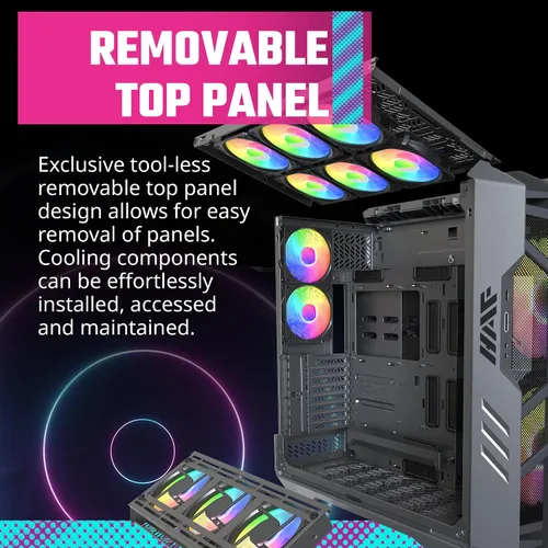 Vista 9 de Cooler Master HAF 700 E-ATX Caja de PC de Alto Flujo de Aire, Panel Frontal de Malla, Ventiladores Duales ARG 200mm Customizable Sickleflow, 1 x USB