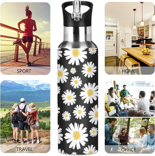 Vista 5 de Daisy - Botella de agua con tapa de popote de 22 onzas, botellas de agua de acero inoxidable aisladas al vacío, botella de agua a prueba de fugas A01