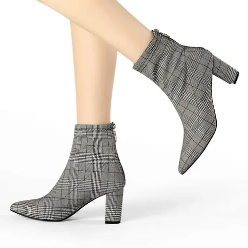 Vista 3 de Allegra K Botines de tacón grueso con cremallera y punta puntiaguda para mujer