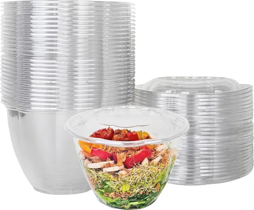 Vista 12 de Green Direct Recipientes de ensalada de 18 onzas con tapas, paquete de 25, cuencos de plástico transparente para almuerzo, servir y mezclar