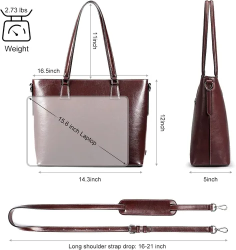 Vista 4 de S-ZONE Bolso de mano de cuero genuino para mujer, maletín vintage, bolso de trabajo, bolso grande de 15.6 pulgadas, L