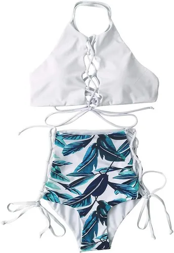 Vista 2 de Bikini africano sin espalda para mujer, traje de baño tankini de cintura alta, traje de baño con correa