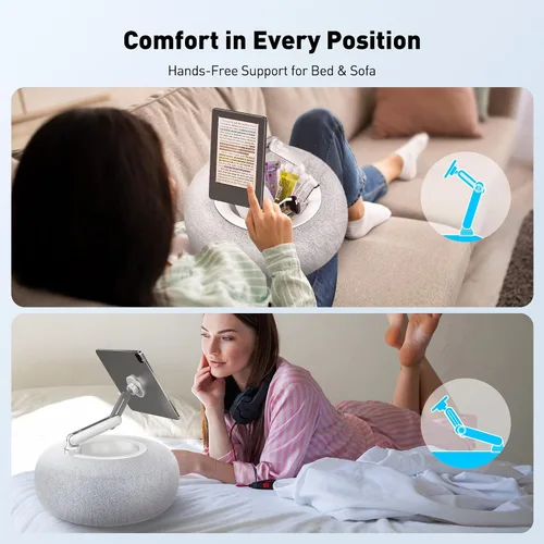 Vista 2 de AboveTEK Soporte de almohada Kindle, soporte magnético para iPad para cama con cuenco de aperitivo, almohada suave ajustable de 360° para leer, Gris