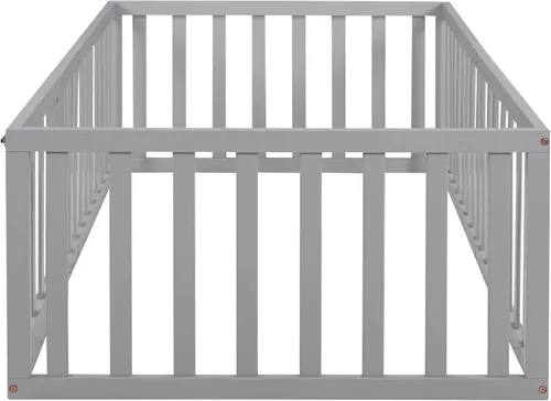 Vista 8 de Harper & Bright Designs Cama Montessori doble con valla y puertas, marco de cama de piso para espacios pequeños, sin rejas, gris