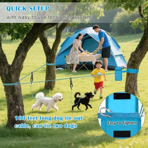 Vista 2 de Cable de amarre mejorado para perros para campamento, sistema de carrito portátil de 100 pies para 2 perros, sistema de enganche para perros Azul
