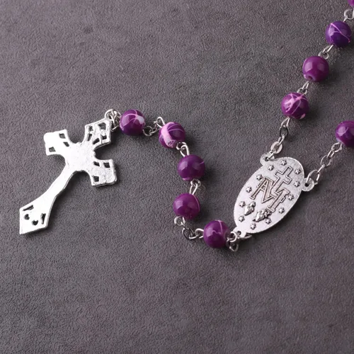 Vista 3 de Luomu Cuentas de vidrio de 0.315in con hermoso patrón impreso, cadena católica rosario, collar con medalla milagrosa de Virgen María y crucifijo, No