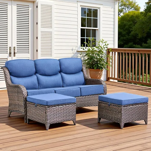 Vista 14 de Sofá de lujo para patio al aire libre, sofá de mimbre resistente para todo tipo de clima, sofá de 3 plazas con asiento profundo y funda extraíble