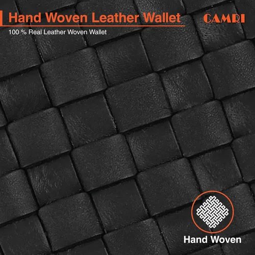 Vista 3 de CAMRI Cartera de cuero tejida a mano para hombre, tarjetero de crédito, carteras de bloqueo RFID para hombres del Reino Unido, peso ligero, delgado