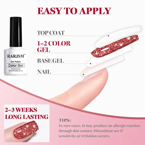 Vista 6 de RARJSM Esmalte de uñas de gel con purpurina roja reflectante holográfica, destellos de arco iris, diamantes brillantes, LED, UV, secado con lámpara