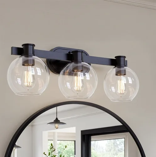 Vista 6 de Tawson Dan Modern Farmhouse - Lámpara de tocador de 3 luces industrial con pantalla de globo de vidrio transparente para dormitorio, pasillo