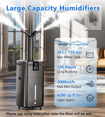Vista 4 de Humidificador comercial de 30 l/7.93 galones para habitación grande, 4200 pies cuadrados, humidificadores de 101.4 fl oz/h para toda la casa