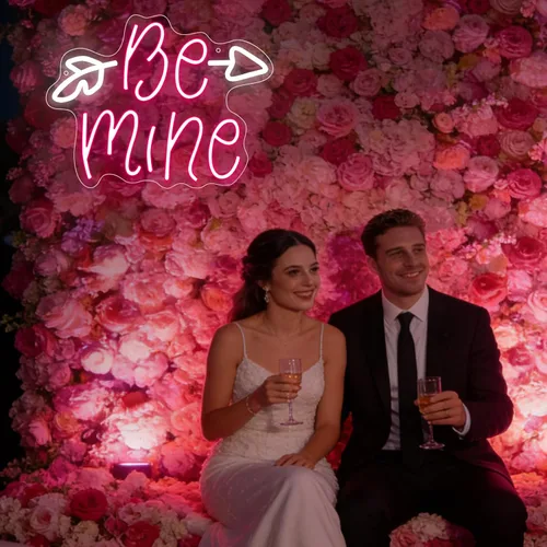 Vista 2 de Letrero de neón "Be Mine", Letrero de luz LED regulable para decoración de arte en la pared, fondo rosa y blanco para dormitorio, club, fiesta, bar