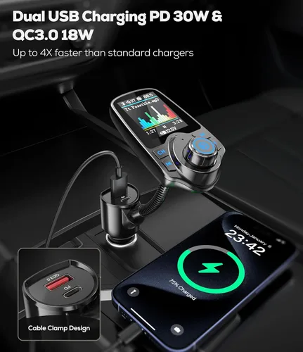 Vista 4 de Nulaxy [Versión mejorada 2026 KM18] Adaptador de coche 48 W Bluetooth 5.4 con pantalla a color de 1.8", Transmisor de radio FM inalámbrico con 2