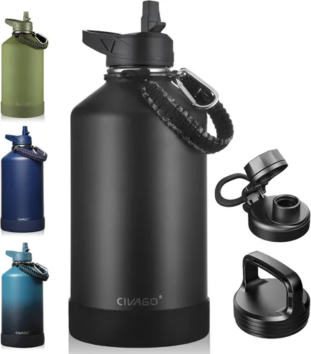 Vista 10 de CIVAGO Botella de agua aislada de 22 onzas con pajita, frasco de agua deportiva de acero inoxidable con 3 tapas