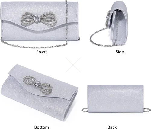 Vista 2 de DETARA Bolso de noche para mujer, con lazo de cristal brillante, con solapa, bolso de mano para mujer, boda, fiesta, baile de graduación