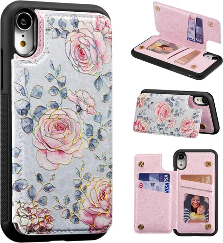 Vista 26 de UEEBAI Funda tipo cartera para iPhone 13 con tarjeteros, piel sintética, diseño floral, función atril, bloqueo RFID, doble cierre magnético, funda