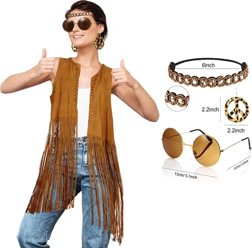 Vista 4 de GOLDSTITCH Conjunto de disfraz hippie para mujer, chaleco con borlas de gamuza sintética, chaleco con flecos frontales abiertos