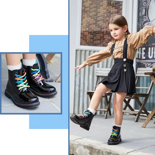 Vista 6 de Hawkwell Botas de trabajo de combate de patente para niñas y niños con cremallera lateral (niños pequeñosniños grandesjóvenes), 0 Toddler