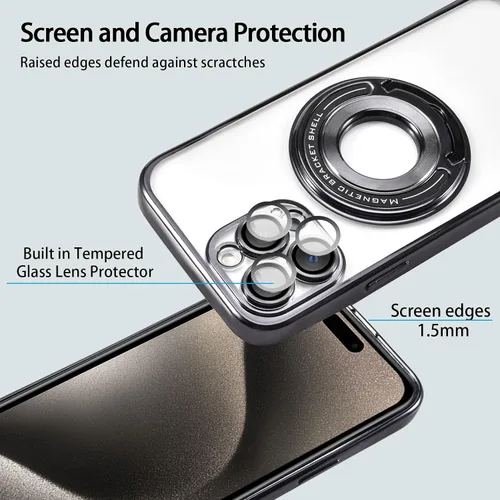 Vista 4 de Funda magnética con soporte invisible para iPhone 15 Pro Max, compatible con MagSafe, protector de lente de cámara integrado, chapado de lujo