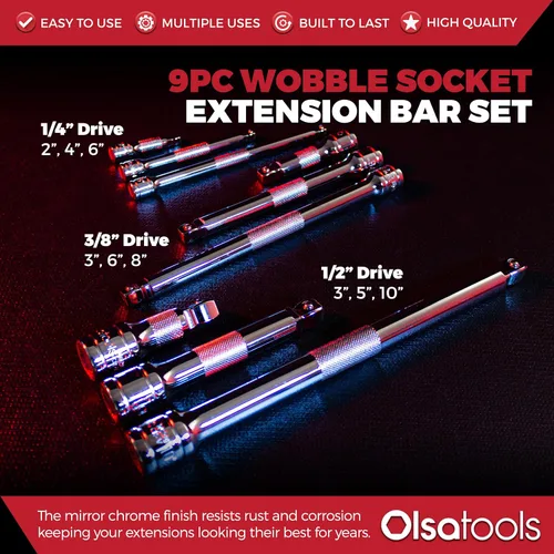 Vista 2 de Olsa Tools Juego de extensión de zócalo Wobble – 9 barras de extensión Cr-V de doble función – 1/2", 3/8", 1/4" accesorios de trinquete con agarre