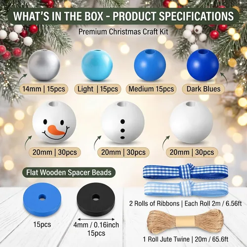Vista 2 de Yulejo 180 Pcs Christmas Snowman Wooden Plaid Bead Winter Xmas, Blue