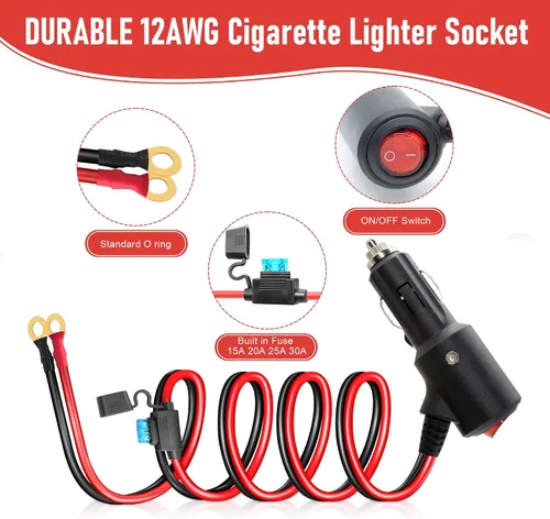 Vista 2 de Adaptador de encendedor de cigarrillos macho a terminal de anillo de batería de 3.3 pies, 12 V/24 V, enchufe de encendedor de cigarrillos resistente
