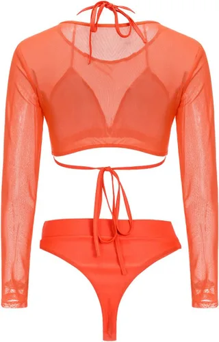 Vista 3 de Meyeeka - Traje de baño sexy para mujer con camiseta de compresión de manga larga y talle alto, traje de baño con 3 piezas