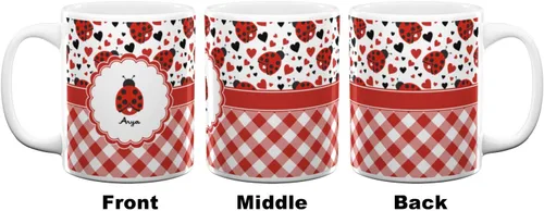 Vista 2 de Taza de café personalizada Ladybugs & Gingham de 11 onzas, color blanco