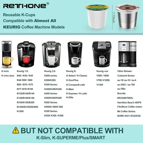 Vista 2 de RETHONE Cápsulas de café K Cup reutilizables, de acero inoxidable, K Cups reutilizables compatibles con cafeteras Keurig 1.0 y 2.0, K Cups