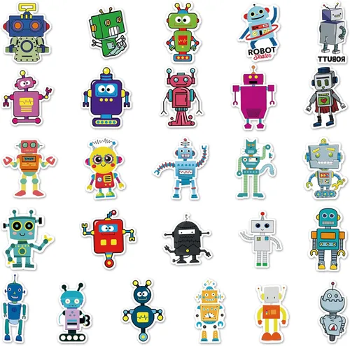 Vista 3 de 50 calcomanías de robot bonitas, calcomanías impermeables de vinilo con temática científica para computadora, patineta, laptop, botella de agua