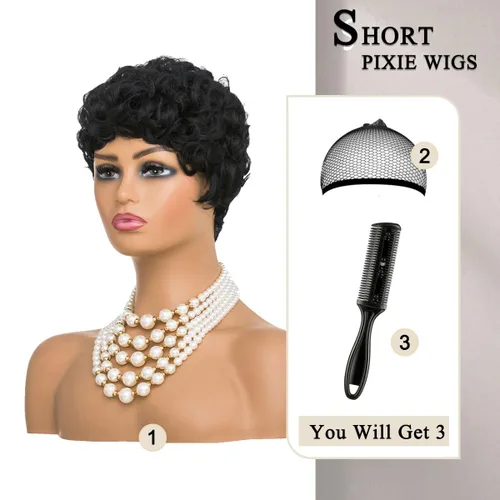 Vista 5 de MOONSHOW Pelucas cortas de corte Pixie para mujeres negras, pelucas cortas Pixie negras naturales para mujeres negras, peluca sintética rizada