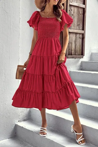 Vista 7 de PRETTYGARDEN Vestido midi casual de verano para mujer, manga corta, cuello cuadrado, fruncido, con volantes