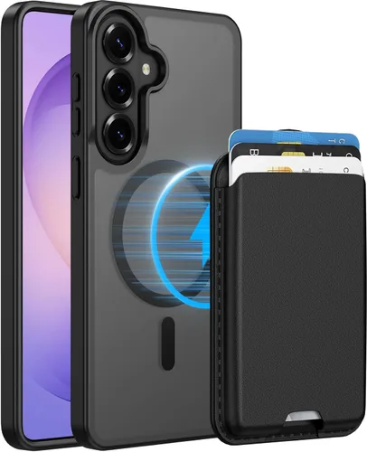 Vista 32 de Funda magnética para Samsung Galaxy S25 FE, transparente y negro con soporte para tarjetas de crédito desmontable, compatible con MagSafe, ajuste