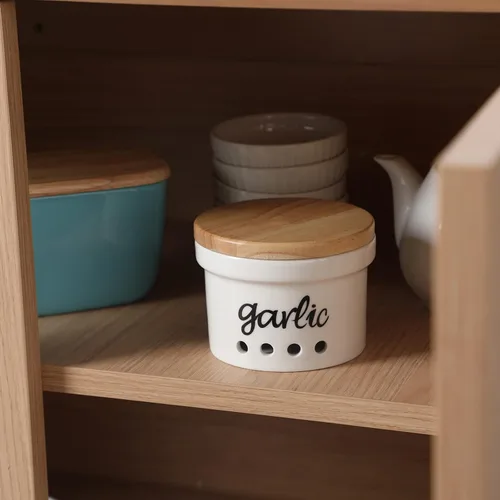 Vista 4 de Garlic Keeper con tapa, recipiente de cerámica para encimera, decoración de cocina de granja
