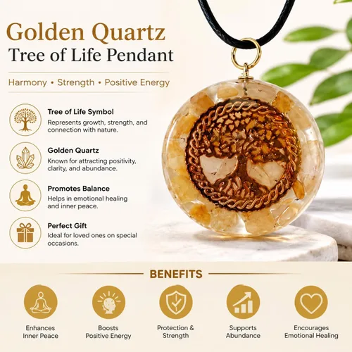 Vista 4 de HiJet Colgante de orgón Hermoso Cuarzo Dorado Árbol de la Vida Colgante de orgón Equilibrio Energía Positiva Armonía Suerte Yoga Meditación Reiki