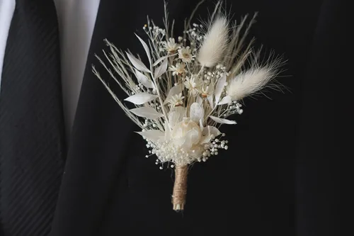 Vista 9 de Flores secas de hierba de las pampas blancas, ramo de flores secas rústicas, pin de solapa para mujeres/novio (B10)