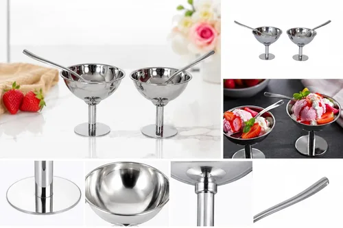 Vista 2 de Juego de 2 cuencos de acero inoxidable para helado, tazas de postre de 5.5 onzas con cucharas de mango largo, tazas de Sundae sin BPA para niños