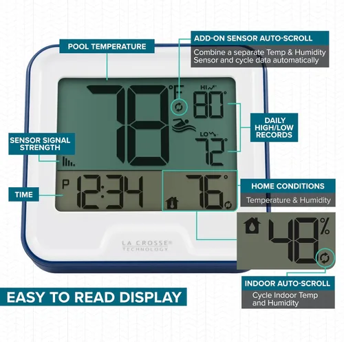 Vista 3 de La Crosse Technology 331-09667-INT Termómetro inalámbrico para piscina con pantalla LCD