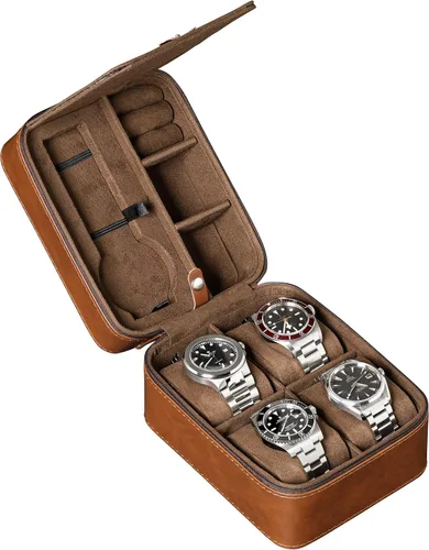 Vista 6 de Juego de regalo Caja de reloj de cuero con 12 ranuras con cajón de valet y funda de viaje para 5 relojes a juego, organizador de exhibición