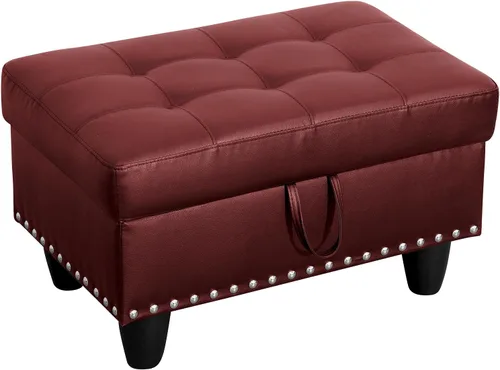 Vista 9 de Banco otomano de almacenamiento, taburete rectangular de lino de 28.5 pulgadas con ribete de cabeza de clavo, otomana tapizada para sala de estar