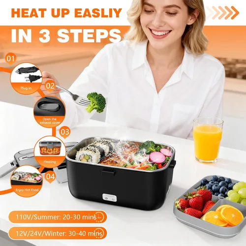 Vista 6 de Fiambrera eléctrica para adultos, 2.8L doble capa 100 W, calentador de alimentos calentado rápido, calentador de alimentos para uso en casa
