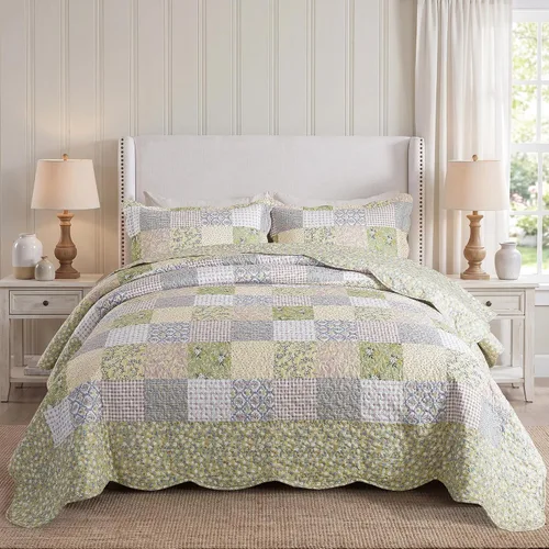 Vista 17 de Juego de cama de dos piezas, tamaño individual, de microfibra, reversible, de retazos, estilo floral, todas las estaciones, patrón de porcelana azul