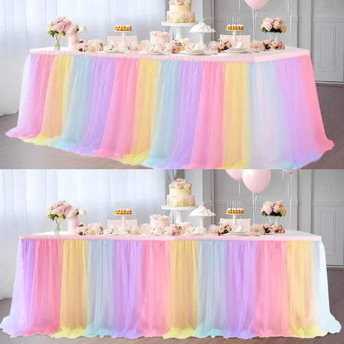 Vista 19 de Suppromo Pack de 2 faldas de mesa de tul azul de 6 pies para mesas rectangulares o redondas, mantel de tul azul para baby shower, cumpleaños