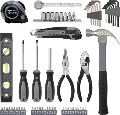 Vista 2 de Amazon Basics Juego de herramientas de reparación básicas para el hogar de 65 piezas con bolsa, plata, negro