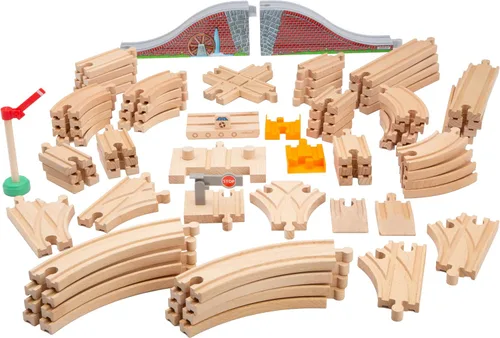 Vista 9 de Paquete de expansión de vías de tren de madera de 68 piezas con puente arqueado, barcaza de locomotora, muelle, punto de control de parada y salida