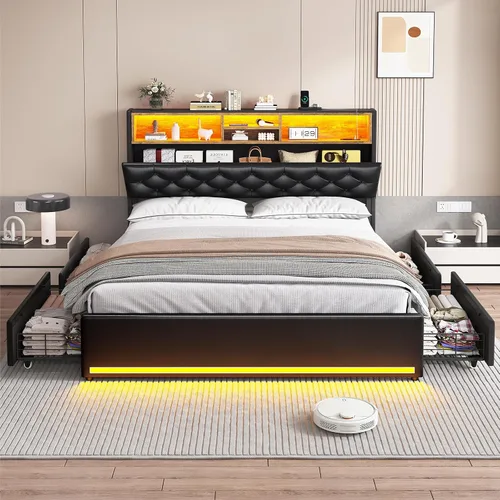 Vista 7 de HAUOMS - Base de cama Queen con cabecero y 4 cajones, tapizado de poliuretano negro Pu Negro