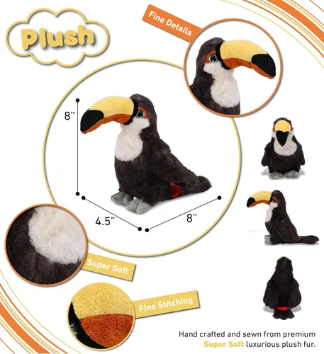 Vista 3 de DolliBu - Peluche de tucán súper suave, lindas figuras de animales de la selva tropical para niños y niñas, adorable juguete de pájaro tucán