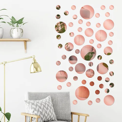 Vista 5 de 60 calcomanías de pared de espejo acrílico, calcomanías redondas adhesivas para el hogar, baño, dormitorio, espejo de oro rosa, papel tapiz