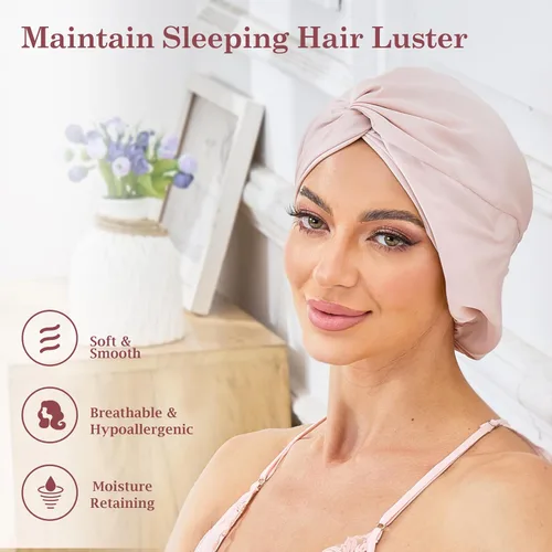 Vista 45 de Gorro de satén de seda ajustable para envolver el cabello para dormir, gorro de dormir de doble capa, turbante nocturno para cabello largo y rizado